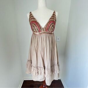 Beige and Multicolor V-Neck Dress